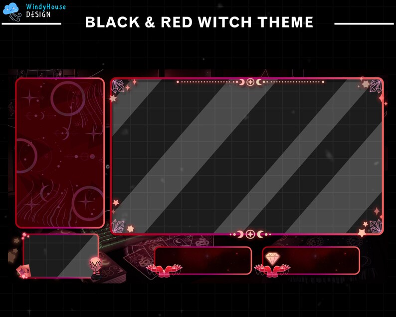 May include: A black and red Twitch stream overlay with a witch theme. The overlay has a large, rectangular center panel, two smaller panels on the left, and two smaller panels on the bottom. The panels have a red and pink glow around them. The overlay has a black and white grid pattern in the background.