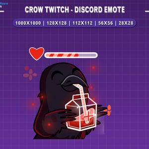 Peut inclure: Illustration num&eacute;rique d'un corbeau noir buvant dans une brique de liquide rouge avec une paille. L'image comprend un c&oelig;ur rouge et une barre de progression, avec le texte "CROW TWITCH - DISCORD EMOTE". Le fond est violet avec un motif quadrill&eacute;.