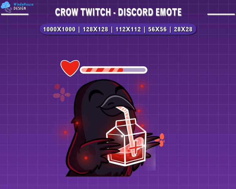 Peut inclure: Illustration num&eacute;rique d'un corbeau noir buvant dans une brique de liquide rouge avec une paille. L'image comprend un c&oelig;ur rouge et une barre de progression, avec le texte "CROW TWITCH - DISCORD EMOTE". Le fond est violet avec un motif quadrill&eacute;.
