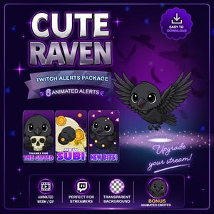 May include: Digital graphic with a purple background, featuring a cartoon raven. Text includes "CUTE RAVEN", "TWITCH ALERTS PACKAGE", and "Upgrade your stream!". The image highlights animated alerts and emotes for streamers.