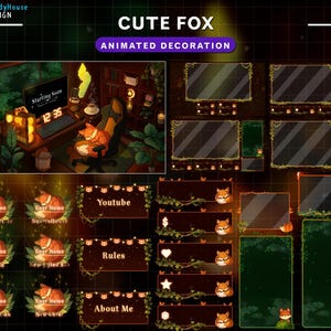 Pacote de transmissão Twitch Cozy Fox Gaming Room, conjunto de sobreposição animada com raposa fofa, vegetação, videiras, sobreposição Twitch estética para OBS, Streamlap