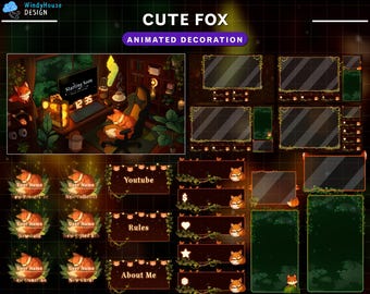 Cozy Fox Gaming Room Twitch Stream Package, Animated Overlay Set with Cute Fox, Greenery, Vines, Aesthetic Twitch Overlay for OBS, Streamlap
