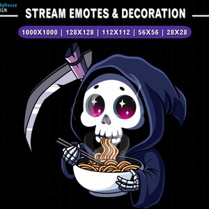 Op de afbeelding: Een cartoon Grim Reaper met een blauwe kapucijner is ramennoedels aan het eten uit een witte kom. De Reaper heeft een schedelgezicht met roze wangen en glinsterende ogen. De Reaper houdt eetstokjes vast in zijn skeletachtige hand. De achtergrond is zwart met een wit rasterpatroon.