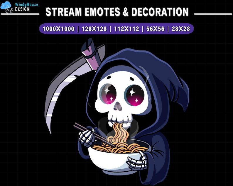 Op de afbeelding: Een cartoon Grim Reaper met een blauwe kapucijner is ramennoedels aan het eten uit een witte kom. De Reaper heeft een schedelgezicht met roze wangen en glinsterende ogen. De Reaper houdt eetstokjes vast in zijn skeletachtige hand. De achtergrond is zwart met een wit rasterpatroon.