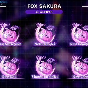 Puede incluir: Un conjunto de seis alertas animadas con un tema morado y rosa. Cada alerta presenta un zorro durmiente en una luna creciente con flores de cerezo. El texto incluye "FOX SAKURA" y tipos de alertas.