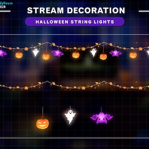 May include: Halloween string lights with orange pumpkins, purple bats, and white ghosts. The lights are strung along a wire with autumn leaves. The text at the top reads "STREAM DECORATION" and "HALLOWEEN STRING LIGHTS".