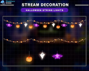 May include: Halloween string lights featuring orange jack-o'-lanterns, purple bats, and white ghosts. The lights are strung along a wire with autumn leaves. The text at the top reads "STREAM DECORATION" and "HALLOWEEN STRING LIGHTS".