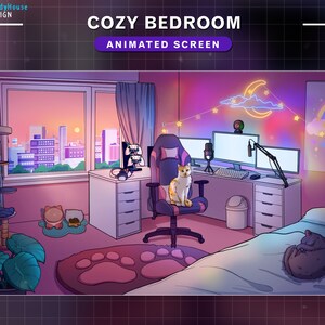 May include: A cozy bedroom with a pink and purple color scheme. The room features a gaming setup with a computer, a microphone, and a gaming chair. There are two cats in the room, one sitting in the chair and the other sleeping on a bed. The room also has a window with a view of a city skyline at sunset. The text "Cozy Bedroom Animated Screen" is displayed at the top of the image.