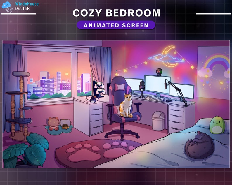 May include: A cozy bedroom with a pink and purple color scheme. The room features a gaming setup with a computer, a microphone, and a gaming chair. There are two cats in the room, one sitting in the chair and the other sleeping on a bed. The room also has a window with a view of a city skyline at sunset. The text "Cozy Bedroom Animated Screen" is displayed at the top of the image.