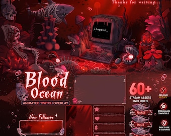 Animated Bloody Ocean Horror Stream Package, Nightmare Shark Twitch Overlay with Skeleton, Gothic Underwater Background for OBS VTuber