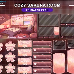 Peut inclure: Pack de superposition Twitch animé avec un thème sakura rose et blanc. Le pack comprend un écran de démarrage, des cadres de webcam, des panneaux pour YouTube, les règles, Instagram et à propos de moi, ainsi qu'une variété de superpositions de fleurs de sakura animées.