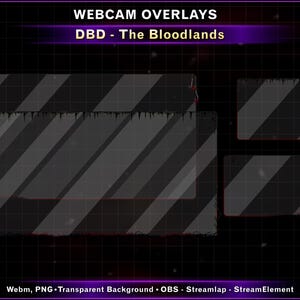 May include: A set of digital webcam overlays titled WEBCAM OVERLAYS DBD - The Bloodlands. The design features dark, rectangular frames with diagonal stripes, gothic decorative elements like skulls and hooks, and a black grid background.