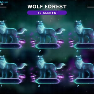 Op de afbeelding: Zes gloeiende blauwe wolf-alarmen met een paarse en blauwe neonrand. De tekst "WOLF FOREST" en "6x ALERTS" wordt boven de afbeeldingen weergegeven.