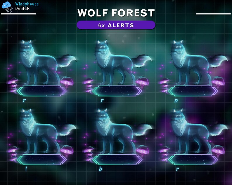 Op de afbeelding: Zes gloeiende blauwe wolf-alarmen met een paarse en blauwe neonrand. De tekst "WOLF FOREST" en "6x ALERTS" wordt boven de afbeeldingen weergegeven.