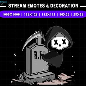 May include: A black and white cartoon illustration of the Grim Reaper holding a scythe and standing next to a tombstone with the text "R.I.P." on it. The Grim Reaper has a skull face with two X's for eyes.