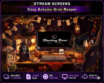 Cozy Autumn Grim Reaper Witch Desk  Animated Stream Screens, Mystic Fall Forest Twitch Overlay for OBS, Cute Ghost VTuber Stream Overlay