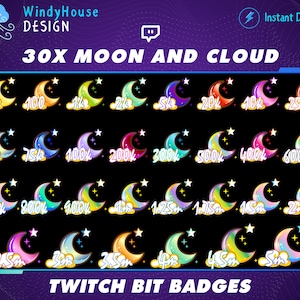 30x Moon And Cloud Twitch Bit Badges, Complete Twitch Bit Badges Set, Galaxy Sub Badges