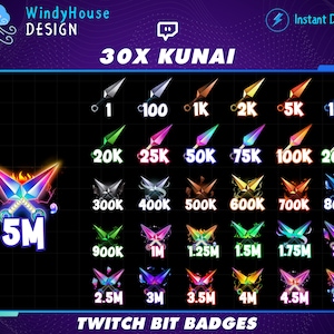 Set of 30 Kunai Twitch Bit Badges, Ninja Weapons  Sub Badges for Streamers, YouTubers & Discord