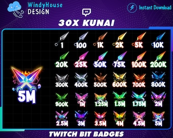 Set of 30 Kunai Twitch Bit Badges, Ninja Weapons  Sub Badges for Streamers, YouTubers & Discord