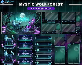 May include: Animated Twitch overlay pack with a mystical forest theme. The overlay features a wolf, glowing mushrooms, and a skull. The text "Mystic Wolf Forest" and "Animated Pack" is displayed at the top of the overlay. The overlay includes panels for YouTube, rules, new subscriber, Instagram, about me, and new donation.