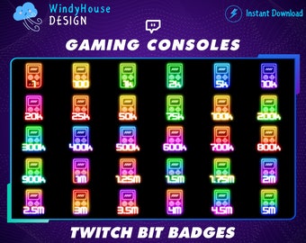 May include: A set of 18 neon-colored Twitch bit badges, designed to look like retro gaming consoles. The badges range from 1 to 5 million bits.