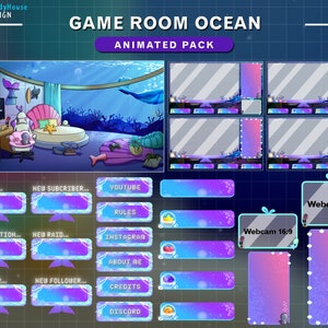 Animated Stream Bundle Day And Night Game Room Ocean, Animated Twitch Overlay Underwater Room for for Streamers, OBS, Vtubers, YouTubers