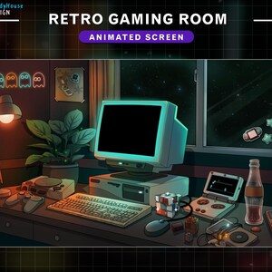 K&ouml;nnte beinhalten: Ein Retro-Gaming-Zimmer mit einem Computer, einer Tastatur und verschiedenen Spielkonsolen. Der Bildschirm des Computers ist schwarz und der Raum ist in einem warmen Licht gehalten. Der Text "RETRO GAMING ROOM" und "ANIMATED SCREEN" ist oben im Bild sichtbar.
