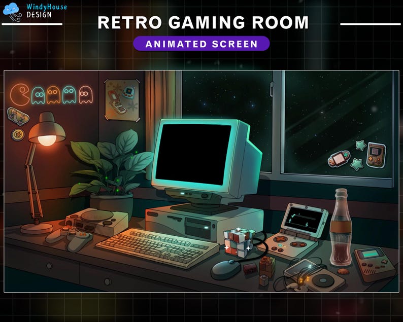 K&ouml;nnte beinhalten: Ein Retro-Gaming-Zimmer mit einem Computer, einer Tastatur und verschiedenen Spielkonsolen. Der Bildschirm des Computers ist schwarz und der Raum ist in einem warmen Licht gehalten. Der Text "RETRO GAMING ROOM" und "ANIMATED SCREEN" ist oben im Bild sichtbar.