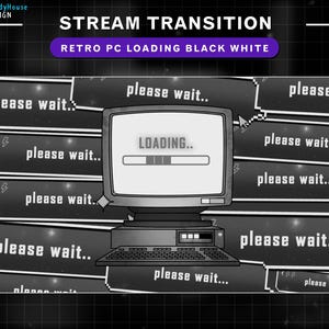 May include: A black and white retro computer screen with a loading bar and the text "LOADING..." on the screen. The screen is surrounded by black and white pixelated boxes with the text "please wait..." in each box.