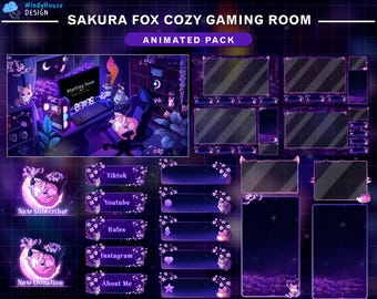Cozy Sakura Fox Gaming Room Twitch Stream Package, Animated Overlay Set with Cute Fox, Aesthetic Cherry Blossom Petals Twitch Overlay