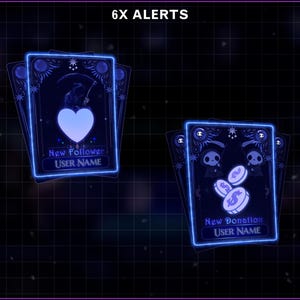 K&ouml;nnte beinhalten: Dunkelblaue Spielkarten mit einem neonblauen Rand. Eine Karte zeigt ein wei&szlig;es Herz, den Text "New Follower" und "USER NAME". Eine andere Karte zeigt M&uuml;nzen und den Text "New Donation" und "USER NAME". Der Text "6X ALERTS" steht oben.