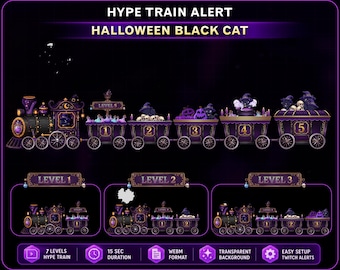 Animated Witch Black Cat Express Hype Train Alert, Halloween Cat Twitch Hype Alert for OBS Streamlabs Kick VTuber with Ghost, Skull, Pumpkin