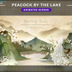 Animated Stream Screen Aesthetic White Peacock by the Lake, Dreamy Twitch Overlay with Peacock, Cherry Blossom, Mountains, Lake, Palm Trees