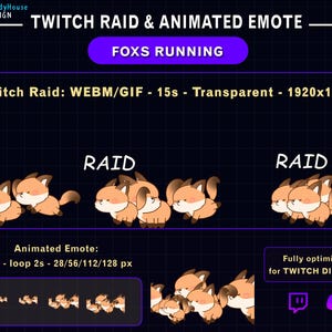 Può includere: Opera d'arte digitale con emote di volpe animate per Twitch e Discord. L'immagine include il testo "TWITCH RAID & ANIMATED EMOTE" e "FOXES RUNNING". Le emote sono progettate per i raid e sono completamente ottimizzate per Twitch e Discord.