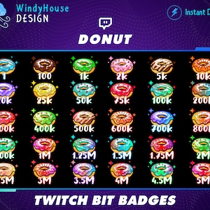 Könnte beinhalten: Ein Set mit 20 bunten Donut-Twitch-Bit-Abzeichen, die verschiedene Bit-Beträge von 1 bis 5 Millionen zeigen. Die Abzeichen sind im Cartoon-Donut-Stil gestaltet und haben eine Vielzahl von Farben und Streuseln.