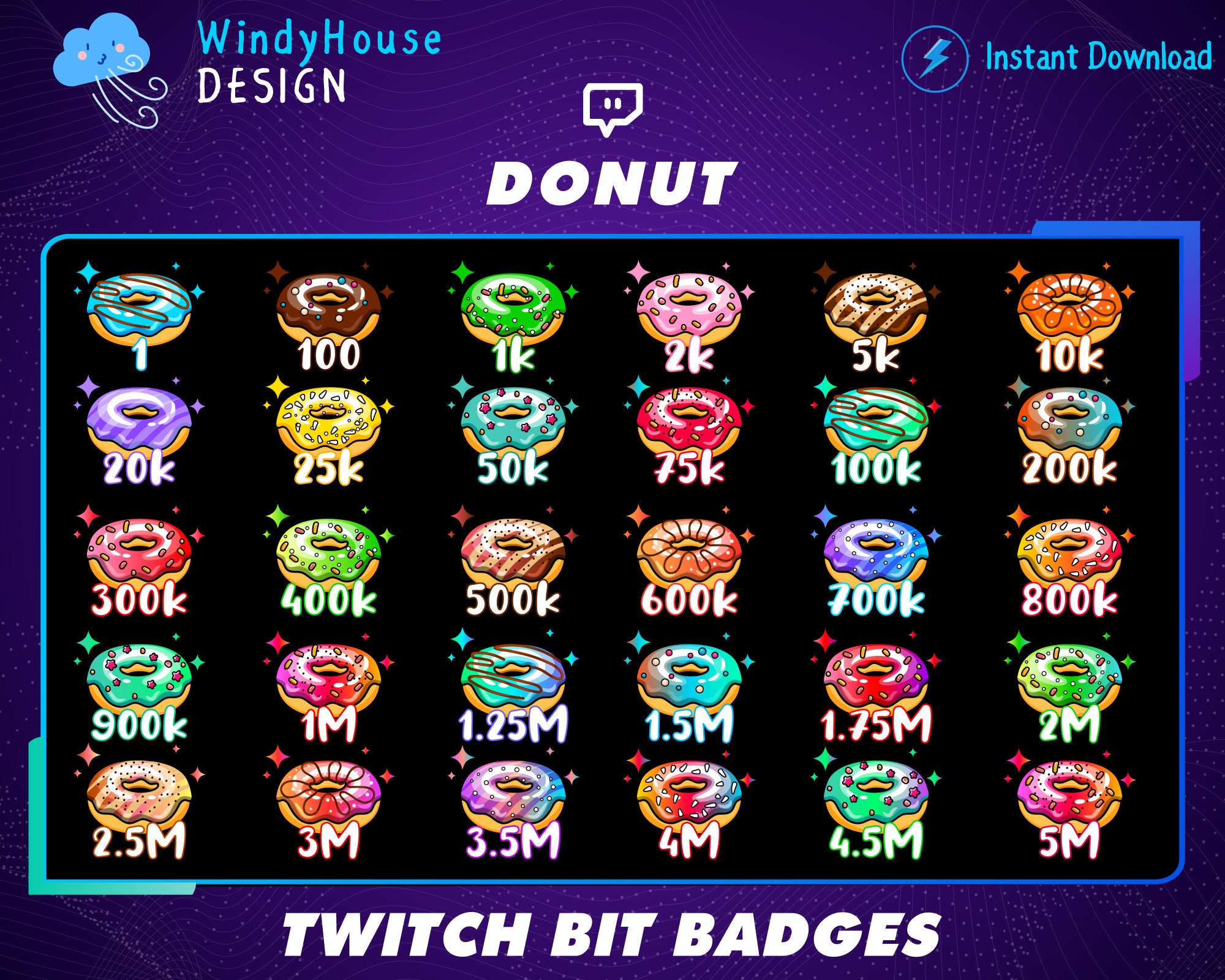 30x Donut Twitch Bit Badges / Complete Twitch Bit Badges Set/ Etsy