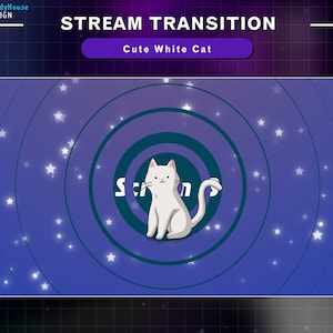 Animated Stream Transition Cute Cat on the Sky, White Cat Twitch OBS Scenes Stinger, Twitch Transition