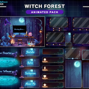 May include: A digital art pack with a witch forest theme. The design includes animated overlays, panels, and screens for streaming. The color palette is dark with neon blue and purple accents. The pack includes a witch's hat and a glowing moon.