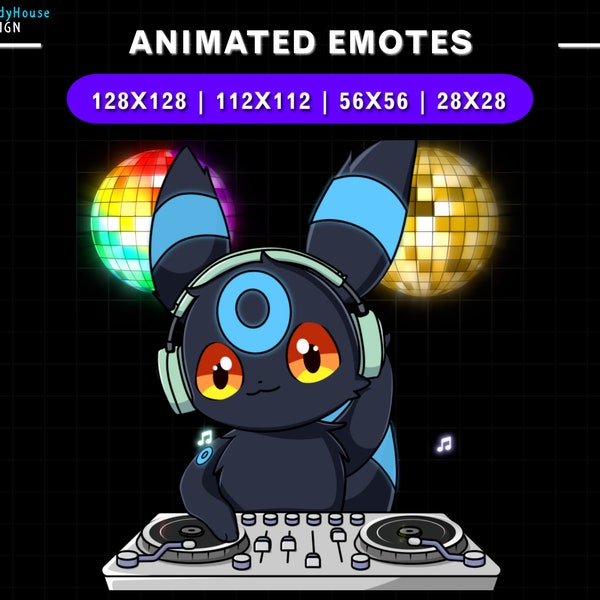 Animiertes DJ Umbreon Twitch Emote, Evoli Emotes, Niedliche Pokemon Dekoration, Discord Emote, Gaming Gif, Disco Ball Twitch