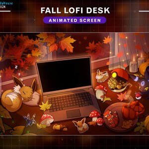 May include: A laptop computer with a dark screen sits on a desk with a fall-themed background. The desk is decorated with autumn leaves, lights, and small figurines. The text "FALL LOFI DESK ANIMATED SCREEN" is displayed above the laptop.