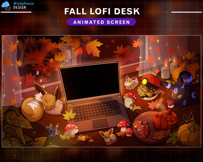 May include: A laptop computer with a dark screen sits on a desk with a fall-themed background. The desk is decorated with autumn leaves, lights, and small figurines. The text "FALL LOFI DESK ANIMATED SCREEN" is displayed above the laptop.
