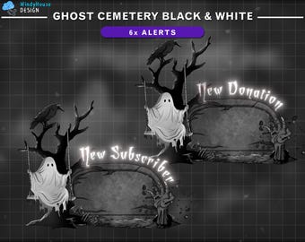 Animated Halloween Twitch Alerts Ghost Cemetery Black and White Theme, Horror Stream Alerts for Spooky, Gothic Overlay...
