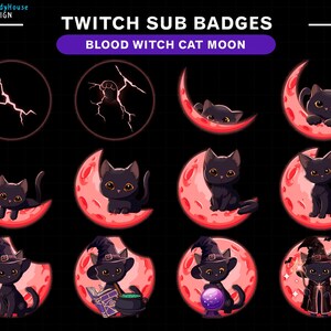 Blood Witch Cat Moon Twitch Sub Badges, Mystic Cat Twitch Badge Set, Crescent Moon, Crystal Ball, Magic Cauldron, Witchy Aesthetic