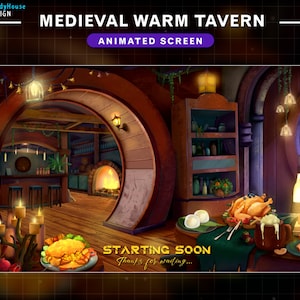 Animated Cozy Tavern Twitch Overlay Stream Screen, Medieval Fantasy Warm Tavern Stream Overlay, Cozy Rainy Room Stream Scenes