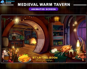 Écran animé de flux de superposition de Twitch de taverne confortable, superposition de flux de taverne chaude de fantaisie médiévale, scènes de flux de salle pluvieuse confortable