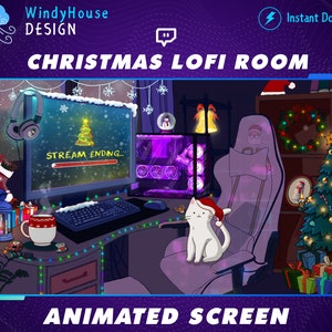 Puede incluir: Una habitaci&oacute;n lofi con tem&aacute;tica navide&ntilde;a con una pantalla de ordenador que muestra una barra de progreso que dice "Stream Ending..." Un gato blanco con un gorro de Pap&aacute; Noel se sienta en una silla de juego. Un &aacute;rbol de Navidad con adornos y regalos est&aacute; en la esquina.