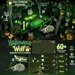 Könnte beinhalten: Ein digitales Halloween Wolf-Stream-Paket mit dunkelgrüner Ästhetik, animierten Wolfsfiguren, Kürbissen, Geistern und Gaming-Elementen. Enthält Overlays, Alerts und Panels mit Texten wie Starting Soon, New Follower und 60+ Stream Assets Included.