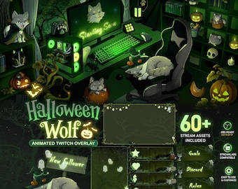 Animated Halloween Wolf Gaming Room Stream Package, Wolf Twitch Overlay with Ghost, Pumpkin, Spooky Stream Overlays for OBS, Streamlabs
