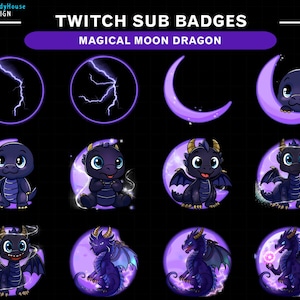 Puede incluir: Un conjunto de insignias de suscripción de Twitch con temática de dragón lunar mágico. Las insignias incluyen rayos, lunas crecientes e ilustraciones de dragones en tonos morados y negros, sobre un fondo negro.
