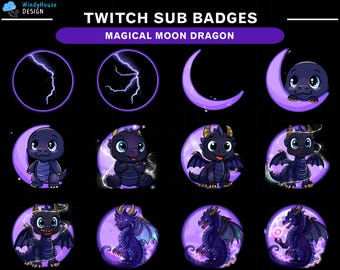 May include: A collection of Twitch sub badges featuring a magical moon dragon theme. The badges include lightning bolts, crescent moons, and various dragon illustrations in shades of purple and black, set against a black background.